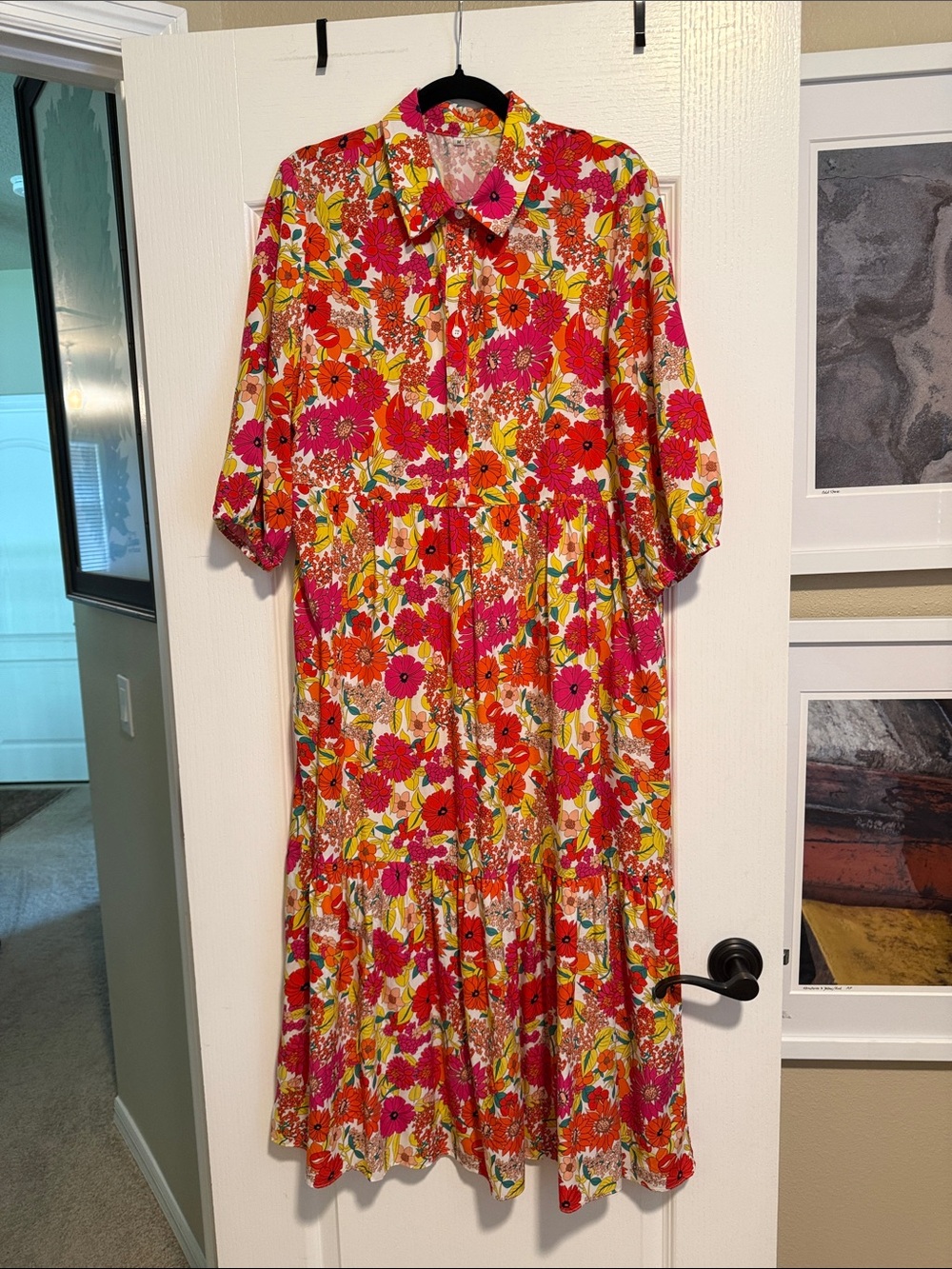 Amazon Floral Button-Front Maxi Dress in Pink, Orange & Yellow